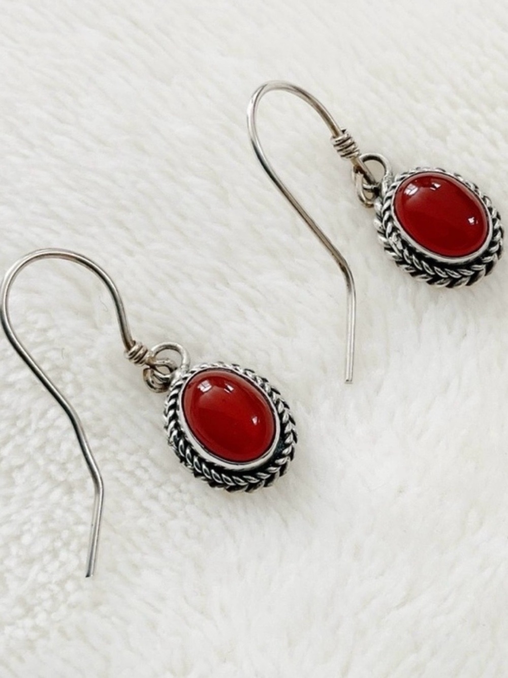 Vintage 925 Sterling Red Cabochon Earrings Rope Bezel Dangle